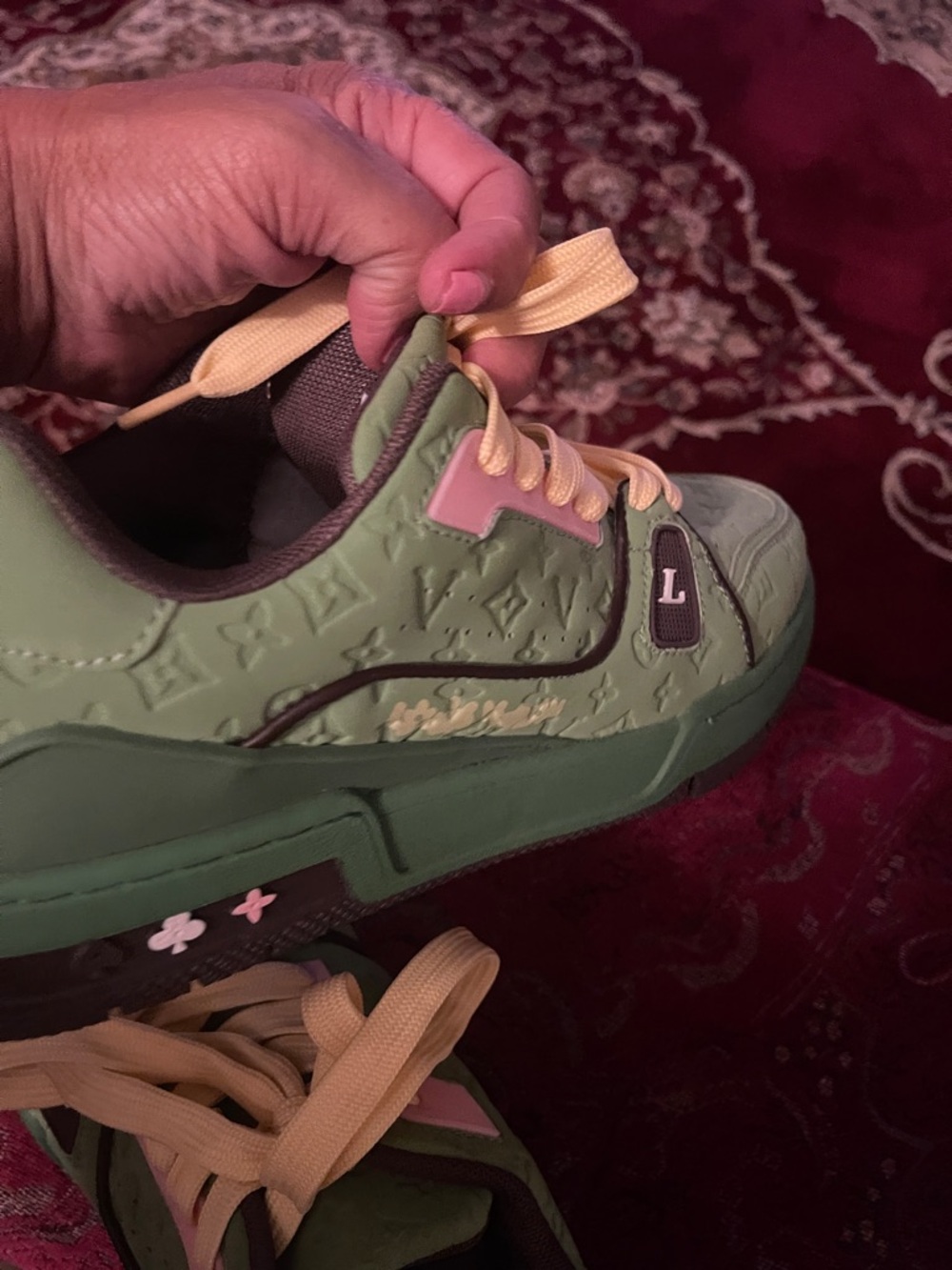 Louis Vuitton Green Pink Yellow Leather Sneakers Trainers Size 44 | 11 US - Picture 8 of 9